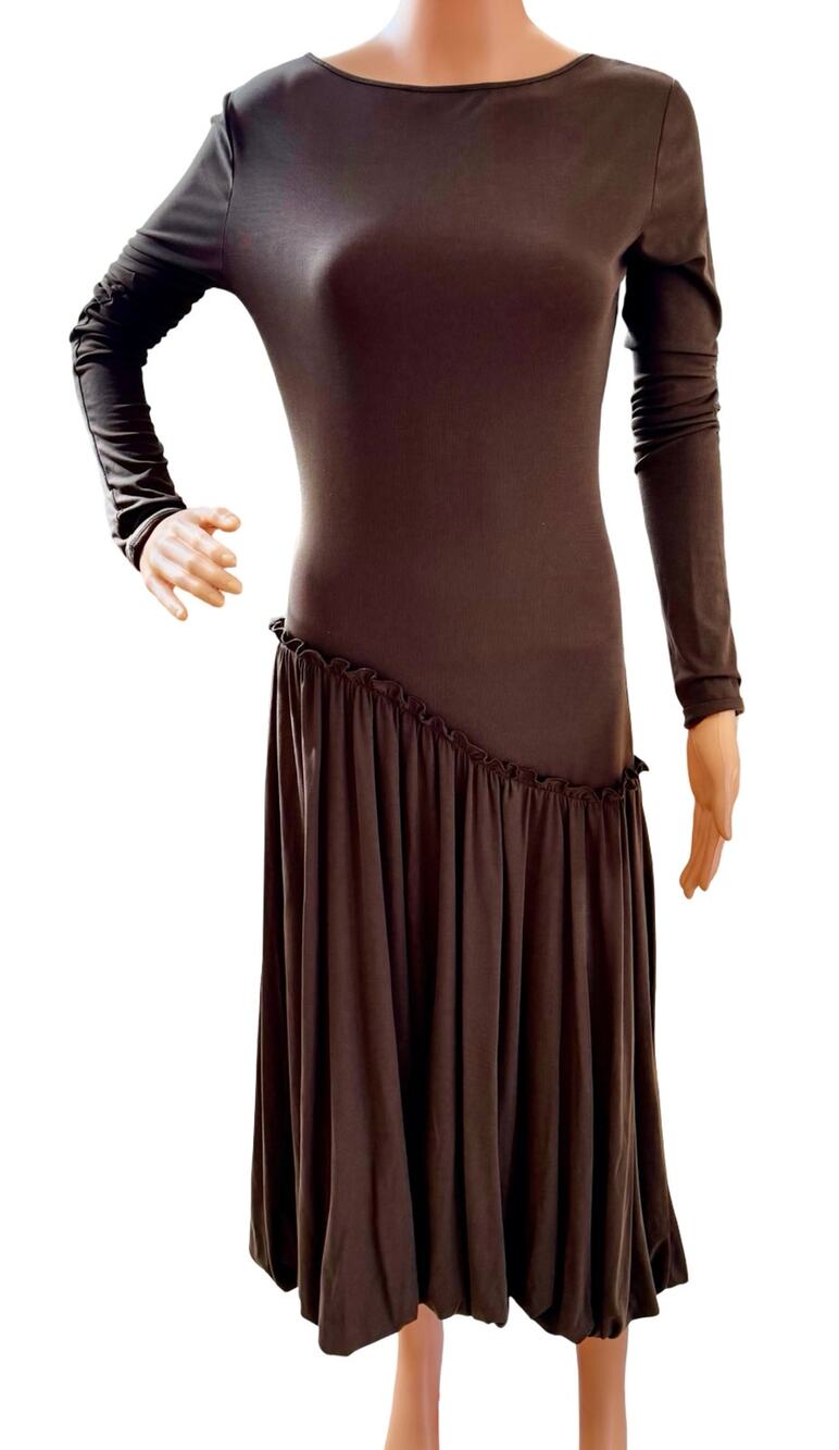 SAEMDI Jeanette Drop waist Brown Midi Dress Long Sleeves Scoop neck Bubble Hem